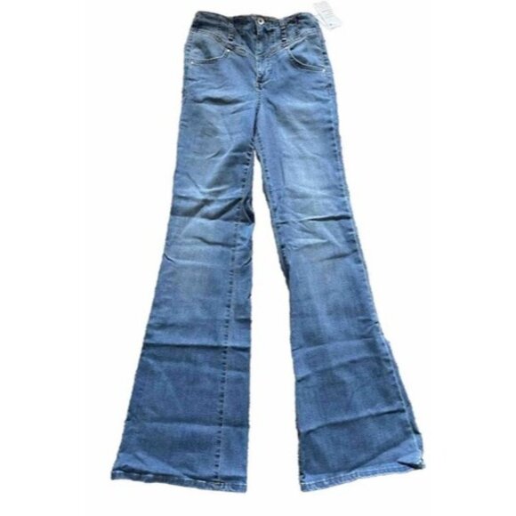Frayed Denim High Rise Super Flared Jeans Strech Retro Festival Size 24 Light - Picture 1 of 16